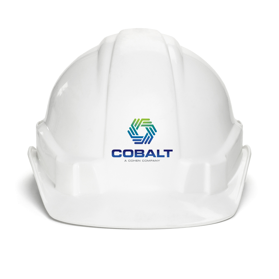 Cobalt full color logo on a white hard hat