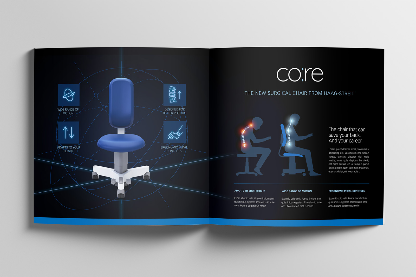 Haag-Streit co:re surgical chair brochure spread