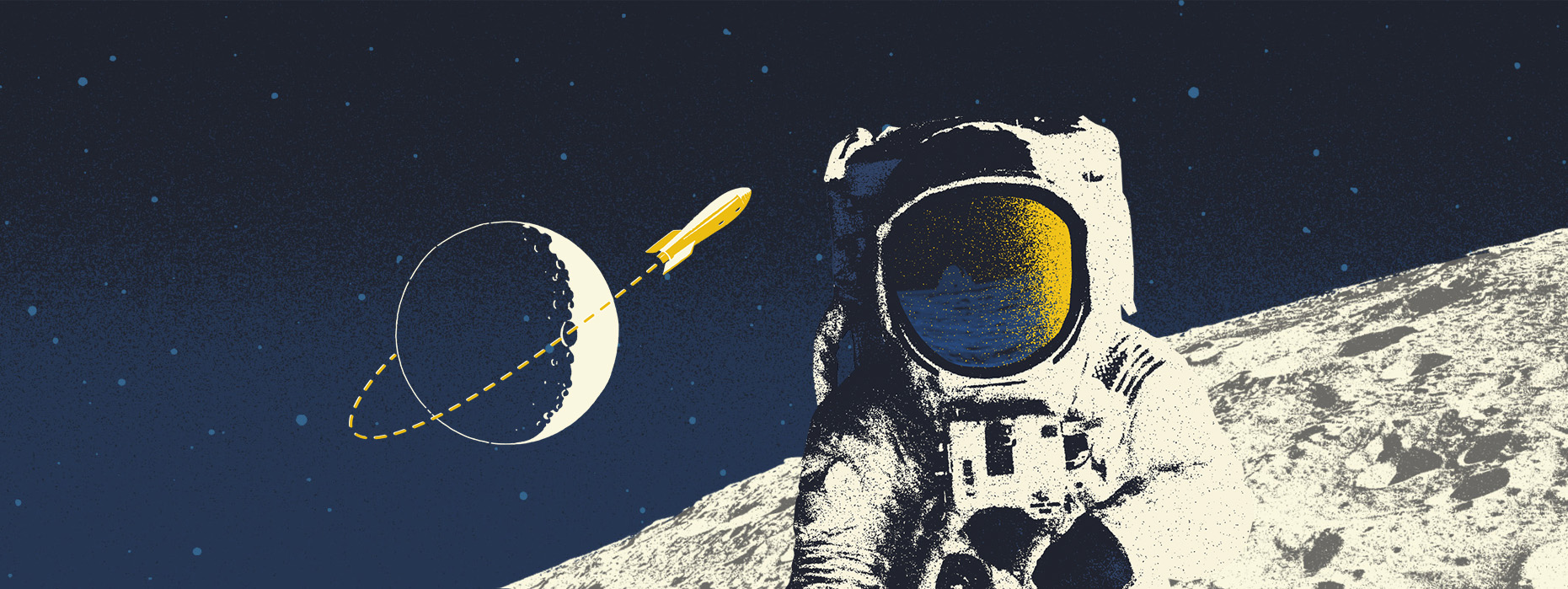 Illustration of an astronaut and the moon with orbiting rocket