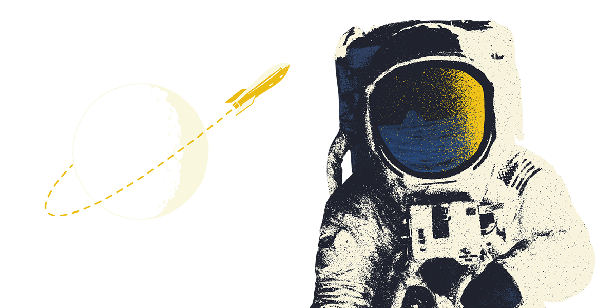 Illustration of an astronaut and the moon with orbiting rocket