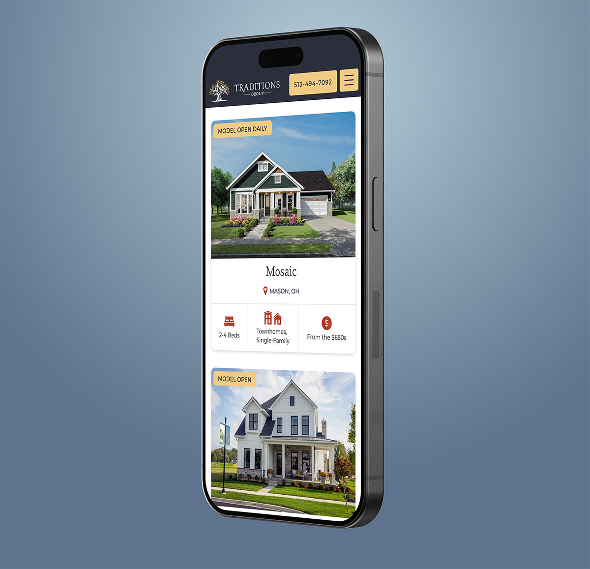 Traditions homepage mobile view showing communities