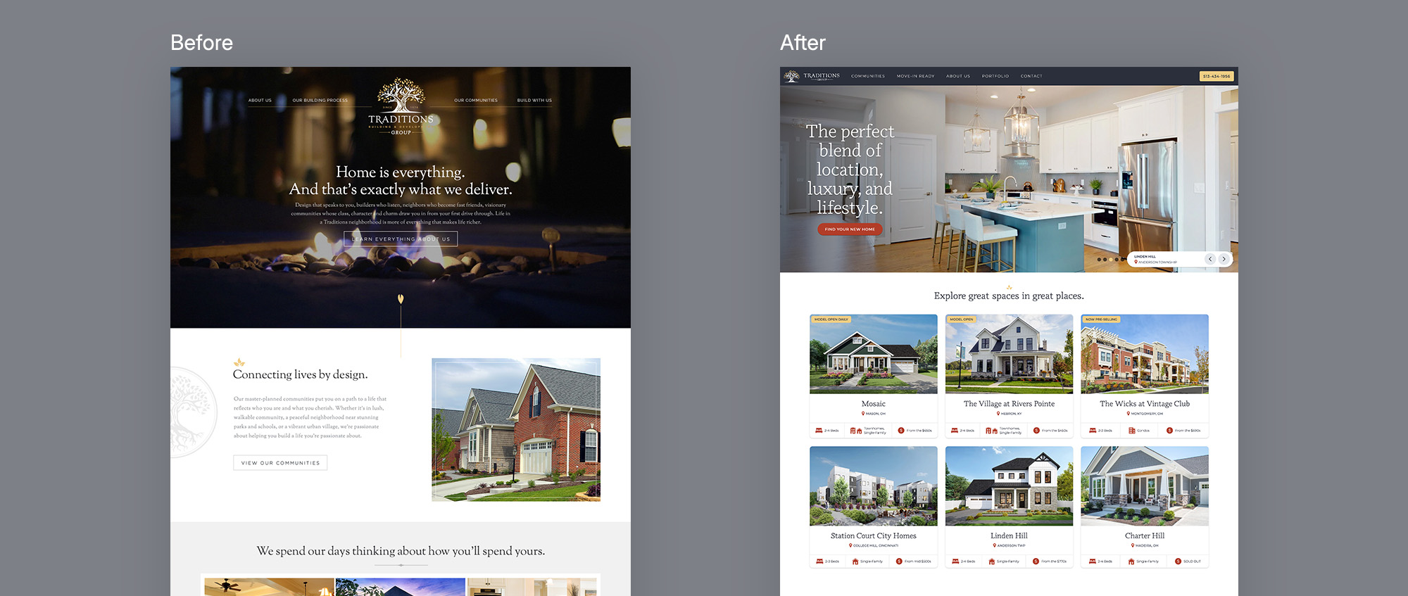 Comparison of old and new Traditions homepages