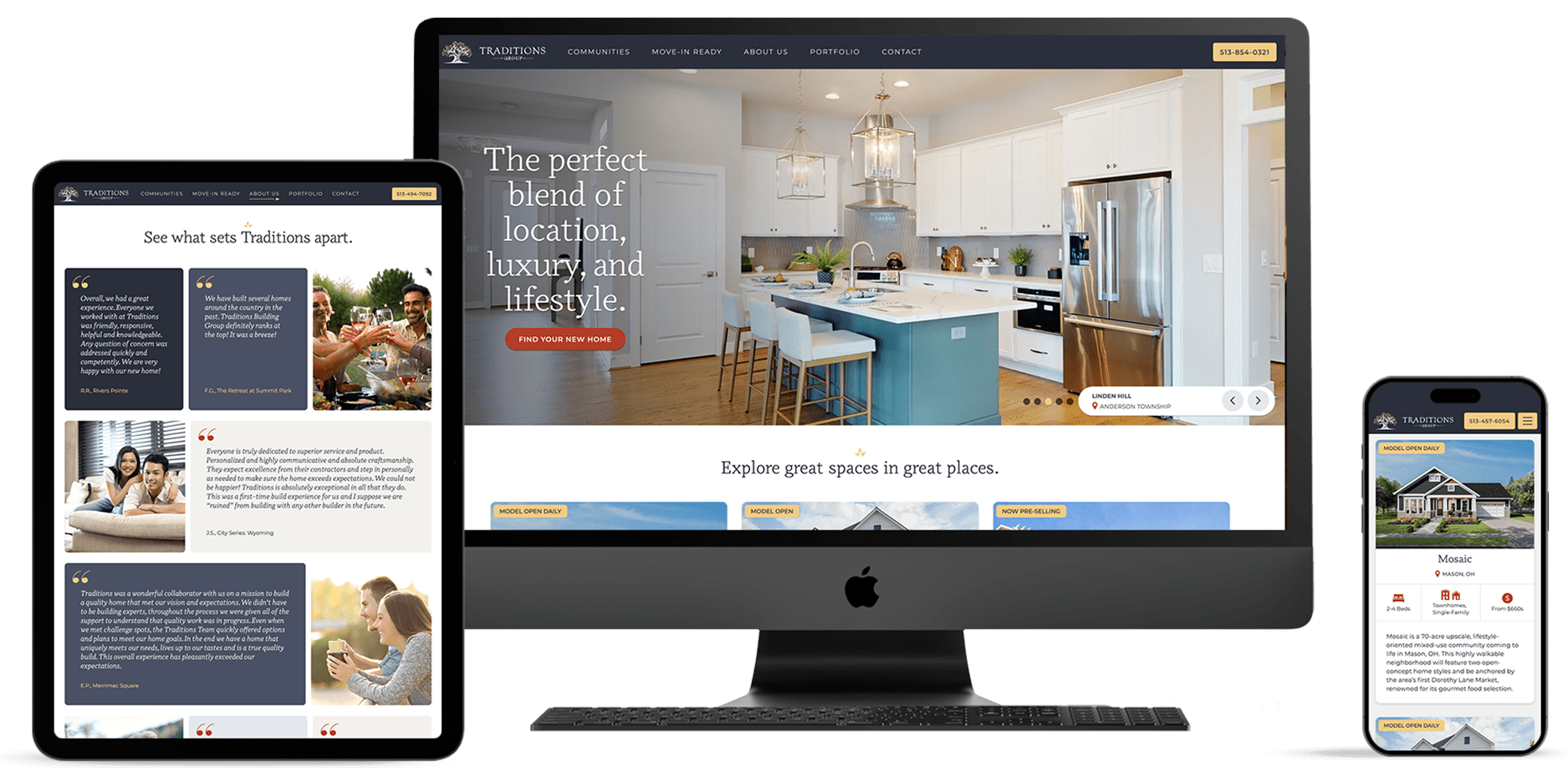 Mockups of the Traditions Group website on tablet, desktop and mobile